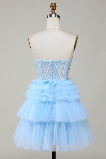 Lindo A-Line Sweetheart Corsé azul Vestido corto de bienvenida con volantes